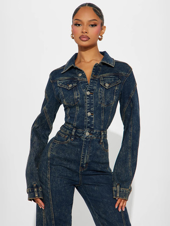 レディース長袖デニムジャンプスーツ - ダークウォッシュ ヴィンテージボタンアップ ワイドレッグ ボディコンプレイスーツ - 2026年春のストリートウェア