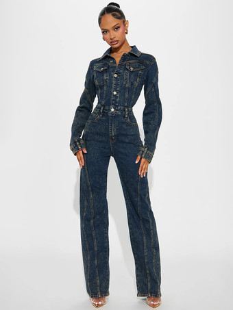 レディース長袖デニムジャンプスーツ - ダークウォッシュ ヴィンテージボタンアップ ワイドレッグ ボディコンプレイスーツ - 2026年春のストリートウェア