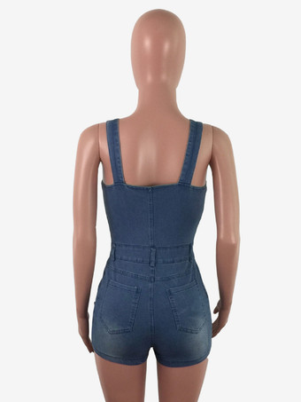レディース用スリムフィットデニムロンパース - ブルーのセクシーなボタンアップダメージ加工デニムジャンプスーツショーツ - 夏のアウトドアパーティー2026