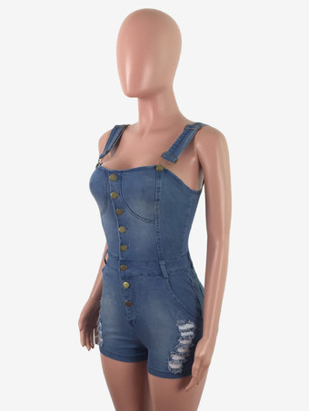 レディース用スリムフィットデニムロンパース - ブルーのセクシーなボタンアップダメージ加工デニムジャンプスーツショーツ - 夏のアウトドアパーティー2026