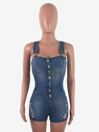 レディース用スリムフィットデニムロンパース - ブルーのセクシーなボタンアップダメージ加工デニムジャンプスーツショーツ - 夏のアウトドアパーティー2026