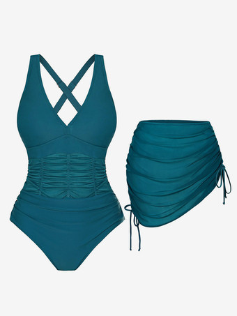 女性用ツーピースお腹引き締め水着 - ギャザー入りVネックモノキニとドローストリングスカートカバーアップセット - サマープール2026