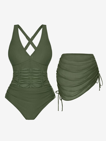女性用ツーピースお腹引き締め水着 - ギャザー入りVネックモノキニとドローストリングスカートカバーアップセット - サマープール2026