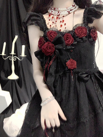 黒のゴシックロリータJSKドレス、花柄レースフリル付きロリータロングドレス