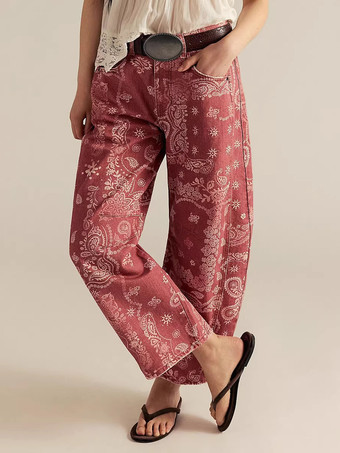レッド ペイズリー柄バレルジーンズ（レディース） - ピンクのボヘミアン風ホースシューカットワイドレッグデニムパンツ - 2026年春の音楽フェスティバル