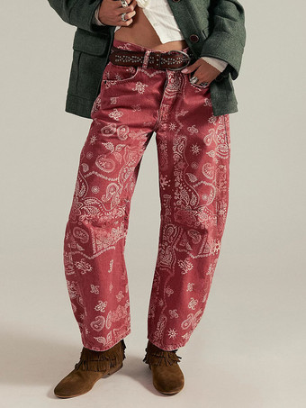 ペイズリー柄バレルジーンズ（レディース） - ピンクのボヘミアン風ホースシューカットワイドレッグデニムパンツ - 2026年春の音楽フェスティバル