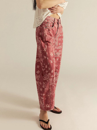 ペイズリー柄バレルジーンズ（レディース） - ピンクのボヘミアン風ホースシューカットワイドレッグデニムパンツ - 2026年春の音楽フェスティバル