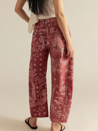 ペイズリー柄バレルジーンズ（レディース） - ピンクのボヘミアン風ホースシューカットワイドレッグデニムパンツ - 2026年春の音楽フェスティバル