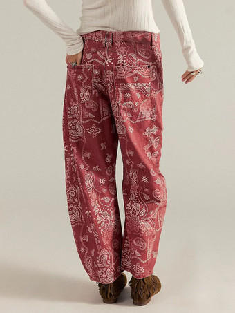 ペイズリー柄バレルジーンズ（レディース） - ピンクのボヘミアン風ホースシューカットワイドレッグデニムパンツ - 2026年春の音楽フェスティバル