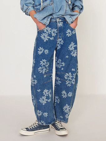 ブルー 花柄バレルレッグジーンズ（レディース） - ボヘミアン風ホースシューカットワイドレッグデニムパンツ - 2026年春の音楽祭
