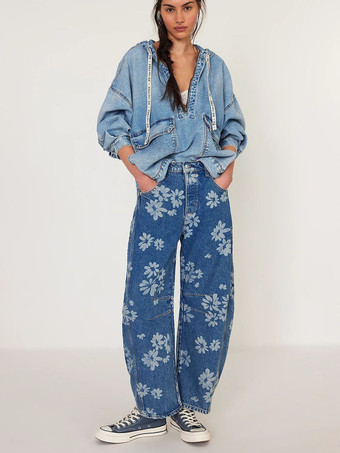 花柄バレルレッグジーンズ（レディース） - ボヘミアン風ホースシューカットワイドレッグデニムパンツ - 2026年春の音楽祭