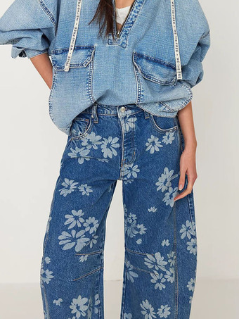 花柄バレルレッグジーンズ（レディース） - ボヘミアン風ホースシューカットワイドレッグデニムパンツ - 2026年春の音楽祭