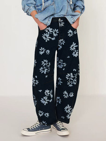 ブラック 花柄バレルレッグジーンズ（レディース） - ボヘミアン風ホースシューカットワイドレッグデニムパンツ - 2026年春の音楽祭