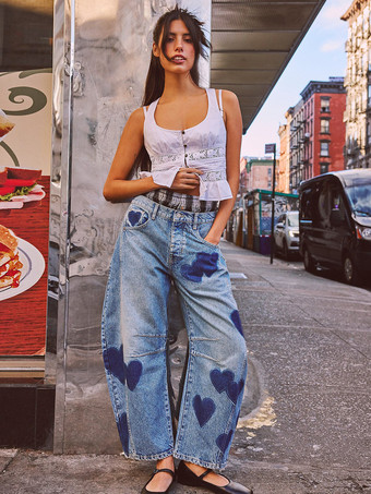 ハート柄バレルジーンズ（レディース） - ライトブルーホースシュー柄バギーデニムパンツ - スプリングミュージックフェスティバル2026