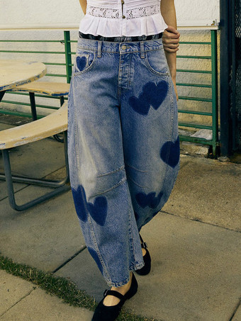 ハート柄バレルジーンズ（レディース） - ライトブルーホースシュー柄バギーデニムパンツ - スプリングミュージックフェスティバル2026