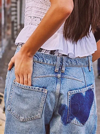 ハート柄バレルジーンズ（レディース） - ライトブルーホースシュー柄バギーデニムパンツ - スプリングミュージックフェスティバル2026