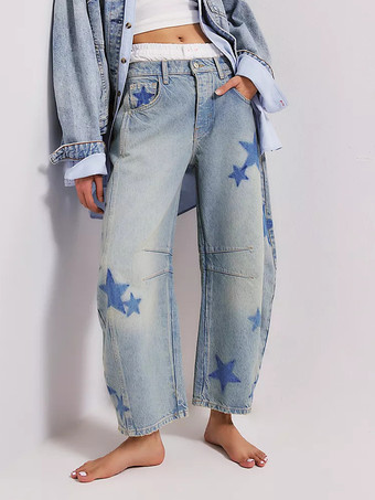 ライトスカイブルースタープリントバレルジーンズ（レディース） - ライトウォッシュ ボヘミアンホースシューバギーデニムパンツ - スプリングミュージックフェスティバル2026