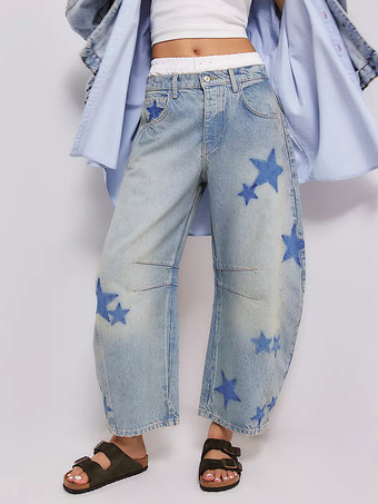 スタープリントバレルジーンズ（レディース） - ライトウォッシュ ボヘミアンホースシューバギーデニムパンツ - スプリングミュージックフェスティバル2026