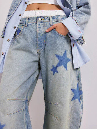 スタープリントバレルジーンズ（レディース） - ライトウォッシュ ボヘミアンホースシューバギーデニムパンツ - スプリングミュージックフェスティバル2026