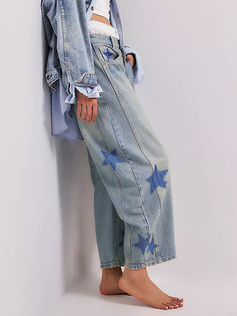 スタープリントバレルジーンズ（レディース） - ライトウォッシュ ボヘミアンホースシューバギーデニムパンツ - スプリングミュージックフェスティバル2026