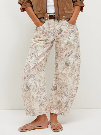 アイボリー 猫柄バレルジーンズ（レディース） - ニュートラルベージュ レトロホースシュー ワイドレッグデニムパンツ - 2026年春のカジュアルストリートウェア