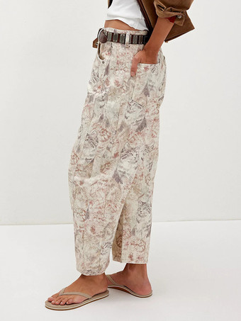 猫柄バレルジーンズ（レディース） - ニュートラルベージュ レトロホースシュー ワイドレッグデニムパンツ - 2026年春のカジュアルストリートウェア