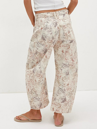 猫柄バレルジーンズ（レディース） - ニュートラルベージュ レトロホースシュー ワイドレッグデニムパンツ - 2026年春のカジュアルストリートウェア