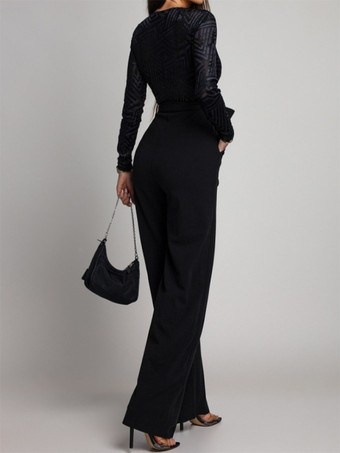 エレガントなワイドレッグジャンプスーツ（女性用） - ブラック、幾何学模様、Vネック、長袖、ベルト付きロンパース - 2026年春のイブニングパーティー