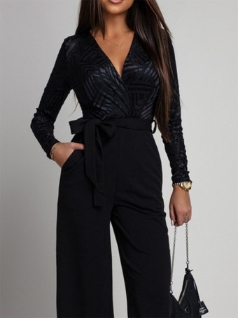 エレガントなワイドレッグジャンプスーツ（女性用） - ブラック、幾何学模様、Vネック、長袖、ベルト付きロンパース - 2026年春のイブニングパーティー