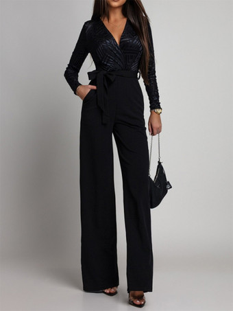 ブラック エレガントなワイドレッグジャンプスーツ（女性用） - ブラック、幾何学模様、Vネック、長袖、ベルト付きロンパース - 2026年春のイブニングパーティー