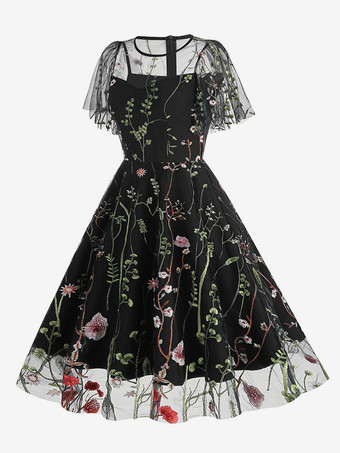 ヴィンテージ1950年代フローラルミディドレス（女性用） - 刺繍メッシュショートフリル袖Aラインプロムドレス - 夏の結婚式ゲスト向け2026