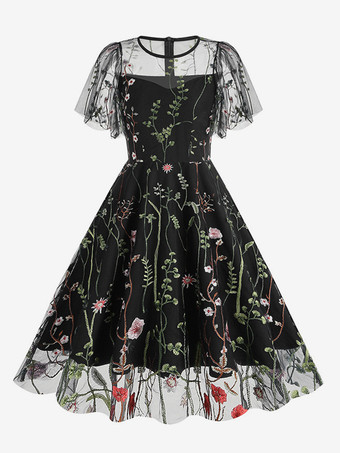 ブラック ヴィンテージ1950年代フローラルミディドレス（女性用） - 刺繍メッシュショートフリル袖Aラインプロムドレス - 夏の結婚式ゲスト向け2026