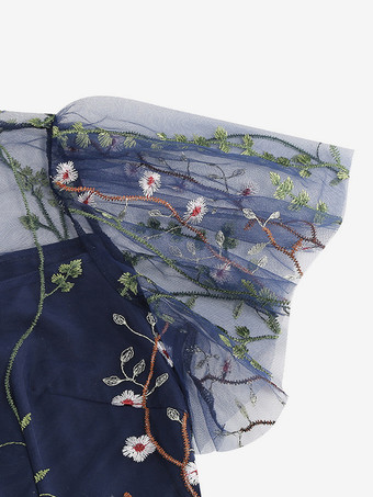 ヴィンテージ1950年代フローラルミディドレス（女性用） - 刺繍メッシュショートフリル袖Aラインプロムドレス - 夏の結婚式ゲスト向け2026