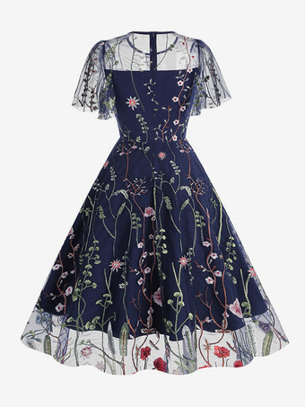 ヴィンテージ1950年代フローラルミディドレス（女性用） - 刺繍メッシュショートフリル袖Aラインプロムドレス - 夏の結婚式ゲスト向け2026