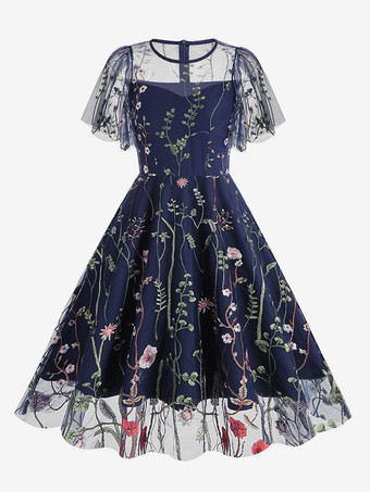 ブルー ヴィンテージ1950年代フローラルミディドレス（女性用） - 刺繍メッシュショートフリル袖Aラインプロムドレス - 夏の結婚式ゲスト向け2026