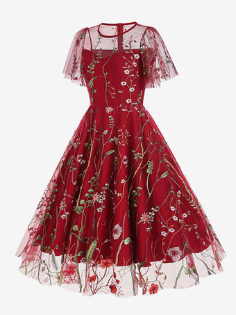 ヴィンテージ1950年代フローラルミディドレス（女性用） - 刺繍メッシュショートフリル袖Aラインプロムドレス - 夏の結婚式ゲスト向け2026