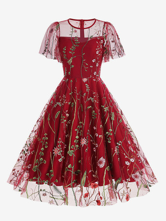 レッド ヴィンテージ1950年代フローラルミディドレス（女性用） - 刺繍メッシュショートフリル袖Aラインプロムドレス - 夏の結婚式ゲスト向け2026