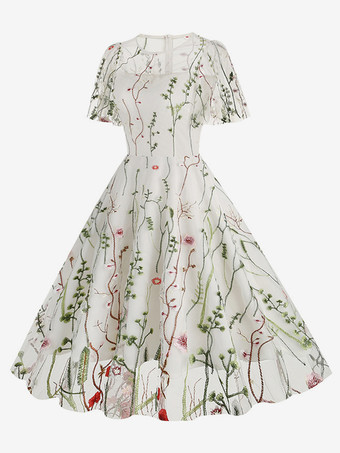 ヴィンテージ1950年代フローラルミディドレス（女性用） - 刺繍メッシュショートフリル袖Aラインプロムドレス - 夏の結婚式ゲスト向け2026