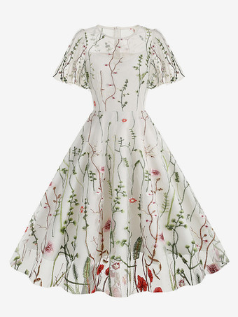 ホワイト ヴィンテージ1950年代フローラルミディドレス（女性用） - 刺繍メッシュショートフリル袖Aラインプロムドレス - 夏の結婚式ゲスト向け2026