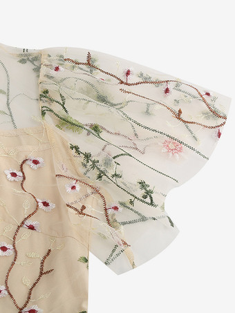 ヴィンテージ1950年代フローラルミディドレス（女性用） - 刺繍メッシュショートフリル袖Aラインプロムドレス - 夏の結婚式ゲスト向け2026