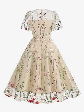 ヴィンテージ1950年代フローラルミディドレス（女性用） - 刺繍メッシュショートフリル袖Aラインプロムドレス - 夏の結婚式ゲスト向け2026