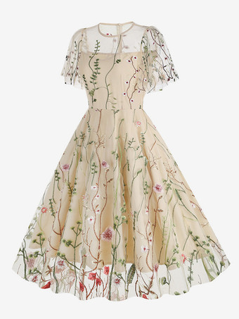 ヴィンテージ1950年代フローラルミディドレス（女性用） - 刺繍メッシュショートフリル袖Aラインプロムドレス - 夏の結婚式ゲスト向け2026