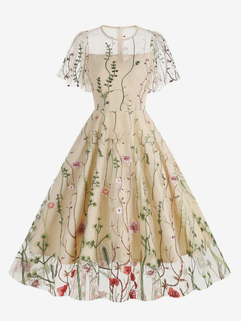 アプリコットヴィンテージ1950年代フローラルミディドレス（女性用） - 刺繍メッシュショートフリル袖Aラインプロムドレス - 夏の結婚式ゲスト向け2026