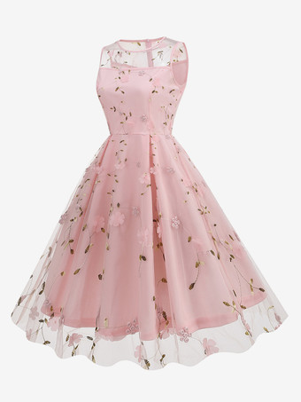 ヴィンテージ 1950年代 花柄ミディドレス レディース - 刺繍メッシュ イリュージョンネック Aライン スイング プロムドレス - サマーカクテル 2026