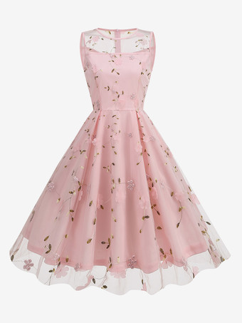 サーモンピンクヴィンテージ 1950年代 花柄ミディドレス レディース - 刺繍メッシュ イリュージョンネック Aライン スイング プロムドレス - サマーカクテル 2026