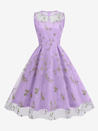 パープル ヴィンテージ 1950年代 花柄ミディドレス レディース - 刺繍メッシュ イリュージョンネック Aライン スイング プロムドレス - サマーカクテル 2026