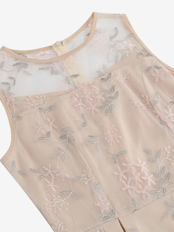 ヴィンテージ 1950年代 花柄ミディドレス レディース - 刺繍メッシュ イリュージョンネック Aライン スイング プロムドレス - サマーカクテル 2026