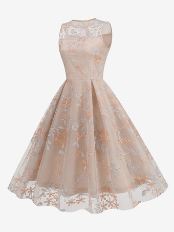 ヴィンテージ 1950年代 花柄ミディドレス レディース - 刺繍メッシュ イリュージョンネック Aライン スイング プロムドレス - サマーカクテル 2026