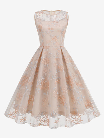 オレンジ ヴィンテージ 1950年代 花柄ミディドレス レディース - 刺繍メッシュ イリュージョンネック Aライン スイング プロムドレス - サマーカクテル 2026