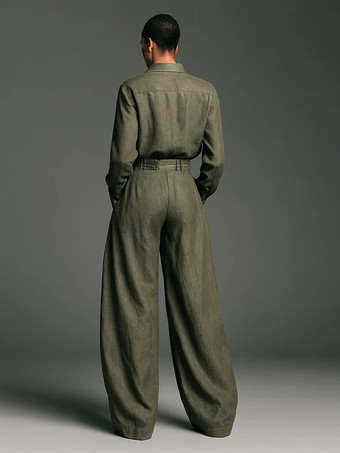 オリーブグリーンのツーピースセット（女性用） - ボタンダウンシャツとレトロなハイウエストワイドレッグパンツ - 春のオフィスカジュアル 2026